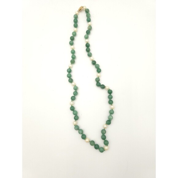 Pearl And Green Aventurine Beaded Hand Knotted Necklace 10mm Beads 26" Long - Picture 2 of 8